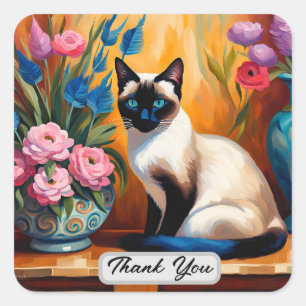 Sticker Carré Chat et Bouquets de Siamese dans Vases Merci