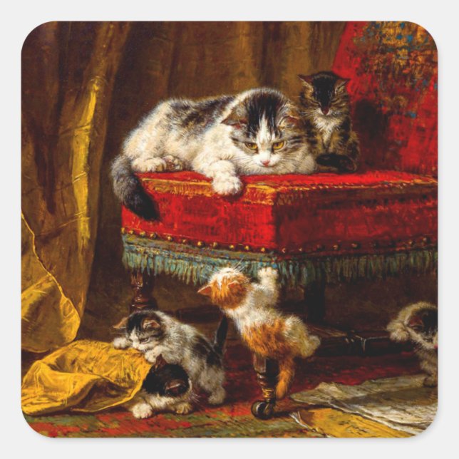 Sticker Carré Chat et chatons Jouer avec chaise (Devant)
