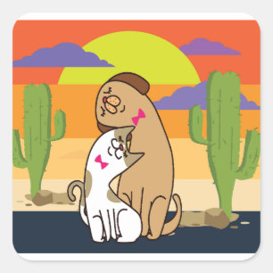 Sticker Carré Chat et chien avec coucher de soleil
