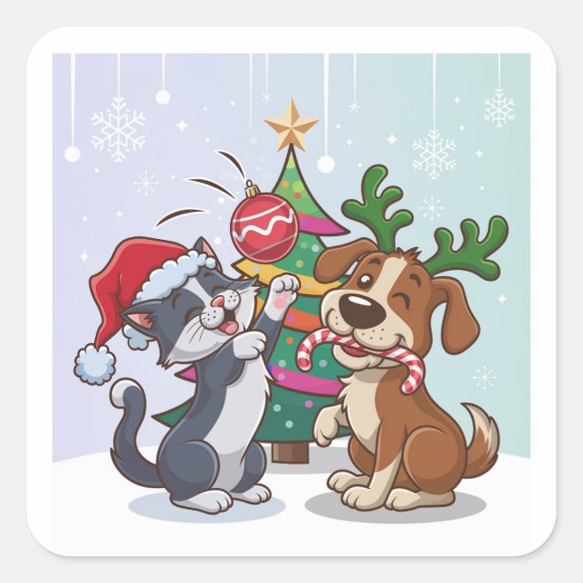 Sticker Carré chat et chien fêtent Noël (Devant)
