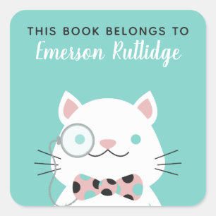 Sticker Carré Chat fantaisie   Turquoise Ce Livre Appartient À