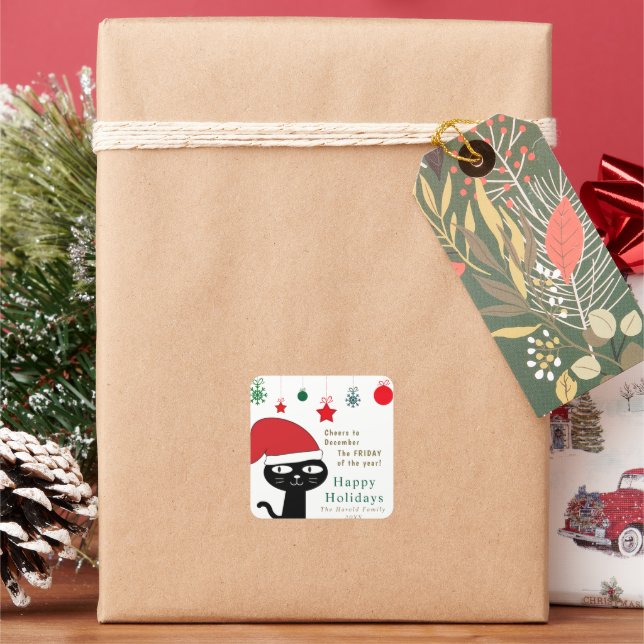 Sticker Carré Chat Festif mignon avec un chapeau de Père Noël ro (vacances)