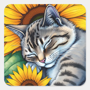 Sticker Carré Chat gris mignon dormant et tournesol