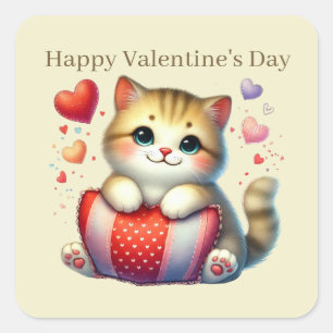Sticker Carré Chat Heureuse Sainte-Valentin mignon