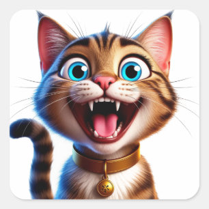 Sticker Carré Chat Heureux Avec Collier Mignon Animal Dessin Ani