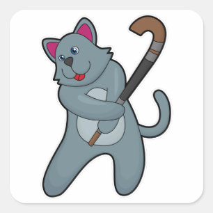 Sticker Carré Chat Hockey avec bâton de hockey