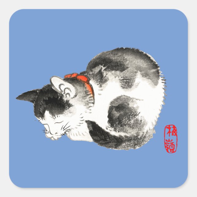 Sticker Carré Chat japonais couché noir et blanc (Devant)