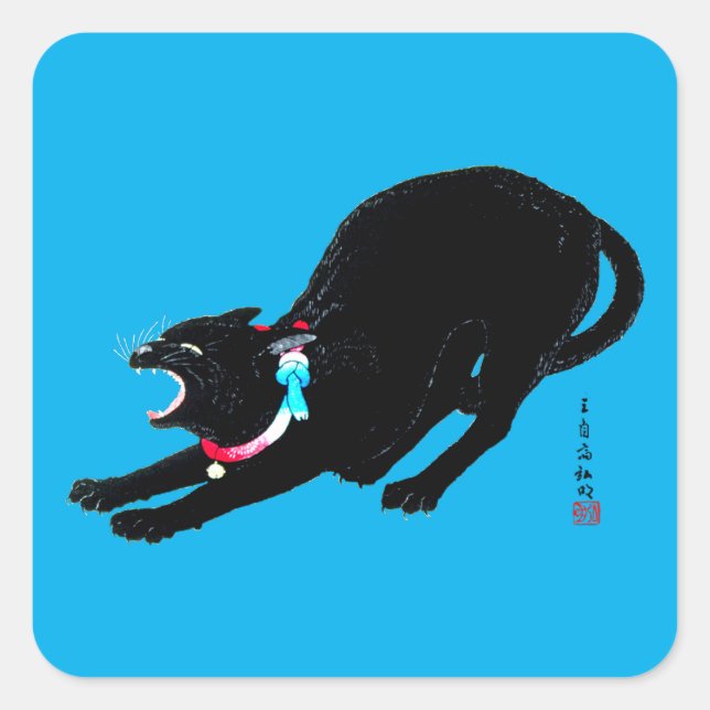 Sticker Carré Chat Japonais Noir à la baguette (Devant)