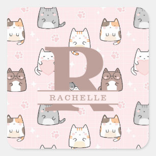 Sticker Carré Chat Kawaii en Arrière - plan rose