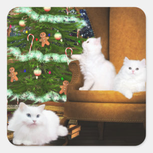 Sticker Carré Chat Kitty blanc Noël