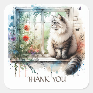 Sticker Carré Chat Longhair américain en fenêtre Fleurs d'été