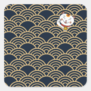 Sticker Carré Chat Lucky Japonais Calico   Maneki Neko