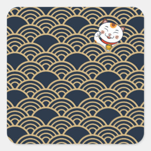 Sticker Carré Chat Lucky Japonais Calico   Maneki Neko