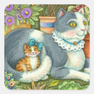 STICKER CARRÉ CHAT MÈRE ET CUISINE, FLEURS POTÉES, BOWS & LACE
