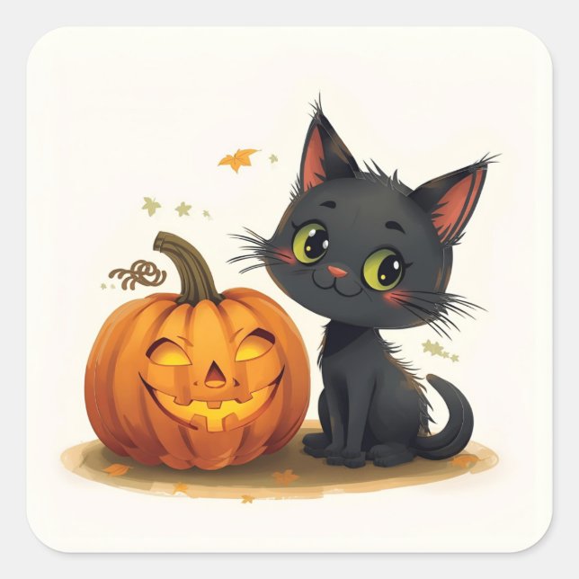 Sticker Carré Chat mignon avec Citrouille sculpté (Devant)
