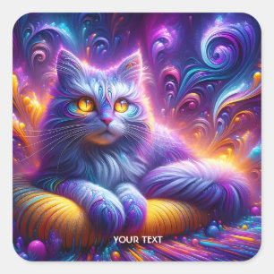 Sticker Carré Chat mignon bleu violet Imaginaire