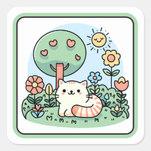 Sticker Carré Chat Mignon Dans Un Jardin Dessin Au Trait