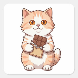 Sticker Carré Chat Mignon et Fluffy Mangeant une Tablette de Cho