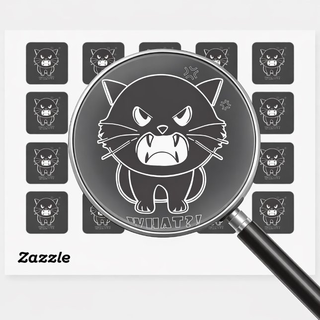 Sticker Carré Chat mignon fâché baiser quoi. (Cute angry cat hissing What. Square Sticker)