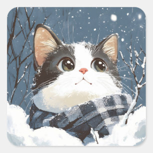 Sticker Carré Chat mignon pelucheux neige d'hiver