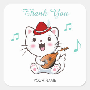 Sticker Carré Chat musical barde avec mandoline Merci carré