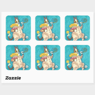 STICKER CARRÉ CHAT N'FITZ EN COUCHER D'ANNIVERSAIRE, GÂTEAU ET B