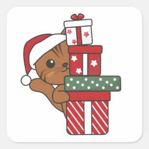 Sticker Carré Chat Noël Cadeau d'hiver Animaux Chats Carré Stic
