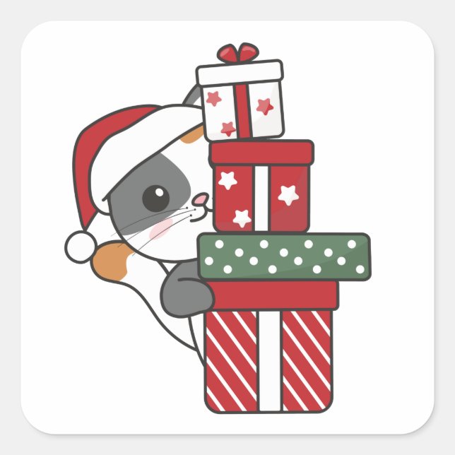 Sticker Carré Chat Noël Cadeau d'hiver Animaux Chats Carré Stic (Devant)