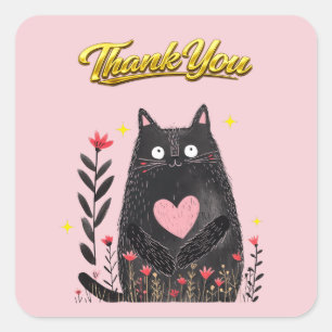 Sticker Carré Chat noir à l'aquarelle florale avec Merci cœur