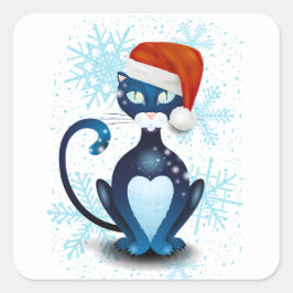 Sticker Carré Chat noir avec Casquette Père Noël