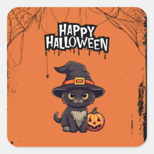 Sticker Carré Chat noir avec Citrouille Jack O' Lantern