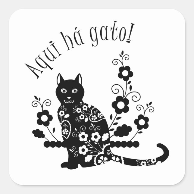 Sticker Carré Chat noir avec fleurs et expression portugaise (Devant)
