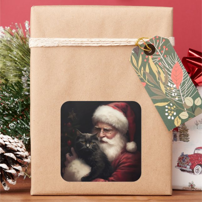 Sticker Carré Chat noir avec Noël Festif du Père Noël (vacances)