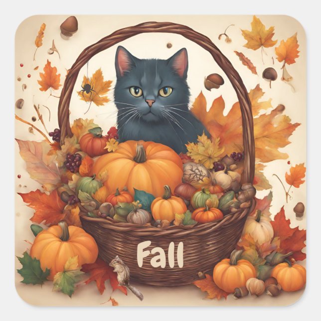 Sticker Carré Chat noir avec panier de récolte d'automne Brown (Devant)