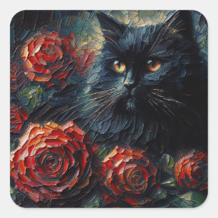 Sticker Carré Chat Noir Avec Roses Rouges Art