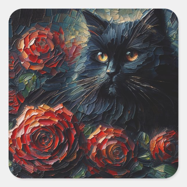 Sticker Carré Chat Noir Avec Roses Rouges Art (Devant)