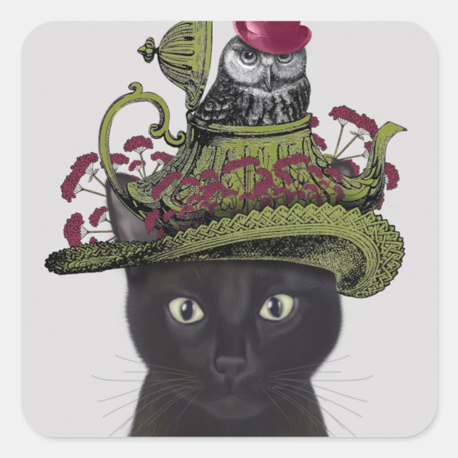 Sticker Carré Chat noir avec théière et hibou (Devant)