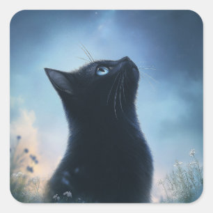 Sticker Carré Chat noir contemplant un ciel étoilé