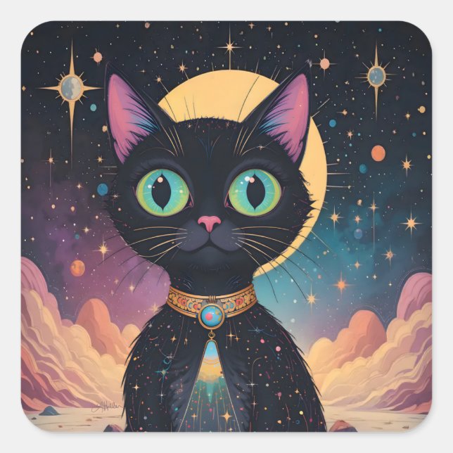 Sticker Carré Chat noir cosmique futuriste atomique en clair de  (Devant)