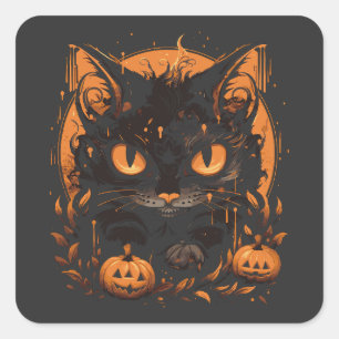 Sticker Carré Chat noir d'Halloween avec Citrouilles et lune