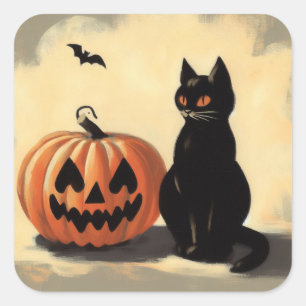 Sticker Carré Chat noir d'Halloween rétro et Citrouille