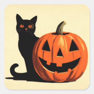 Sticker Carré Chat noir d'Halloween rétro et Citrouille