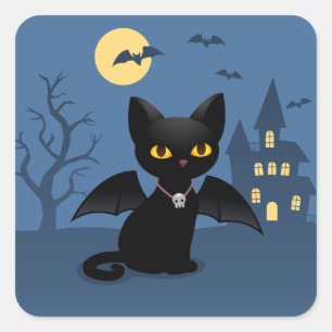 Sticker Carré Chat noir d'Halloween vampire avec des ailes