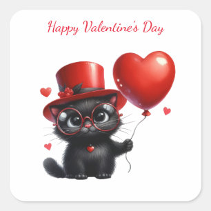 Sticker Carré Chat noir drôle avec ballons Saint-Valentin