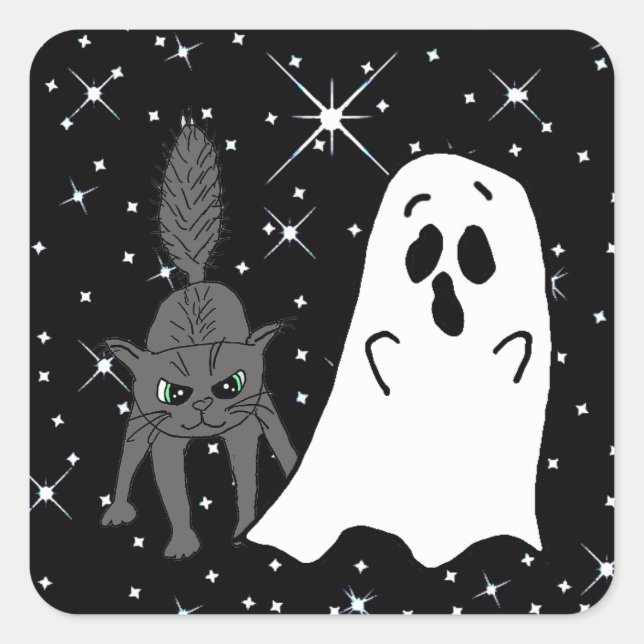 Sticker Carré Chat noir et chats fantômes Halloween (Devant)
