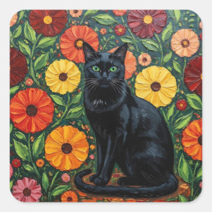 Sticker Carré Chat noir et fleurs d'art populaire colorées