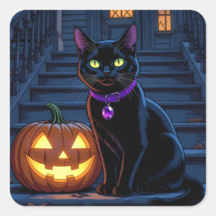 Sticker Carré Chat noir et Halloween Jack-O-Lanterne