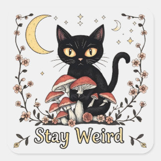Sticker Carré Chat noir fantaisiste encadré par des champignons 