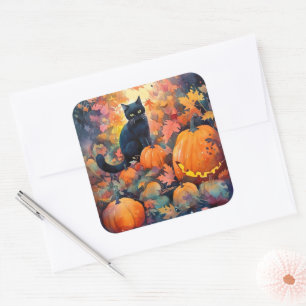 Sticker Carré Chat noir Halloween avec citrouilles effrayant