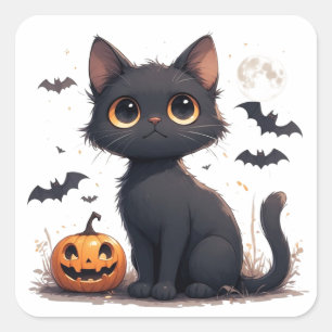 Sticker Carré Chat noir Kawaii avec citrouille Halloween 🎃